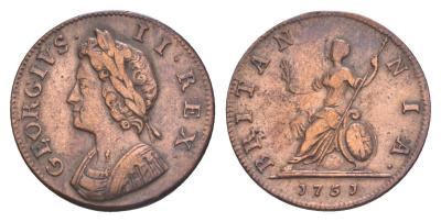 Великобритания 1 фартинг 1731 Георг II (1727-1760) KM 572, Spink 3720 медь 3711-632