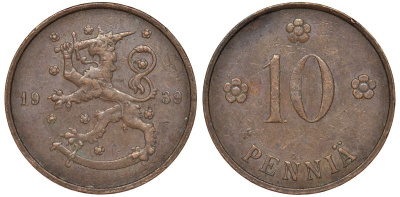 Финляндия 10 пенни 1939 KM 24 медь 51-3117