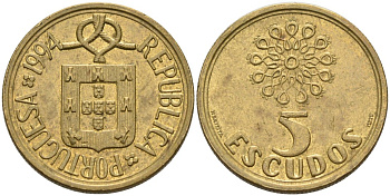 Португалия 5 эскудо 1994 KM 632 никель латунь 4573-957