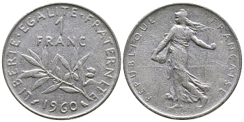 ФРАНЦИЯ 1 ФРАНК 1960 СЕЯТЕЛЬ KM 925.1, LE FRANC 226.4 никель 4385-1011