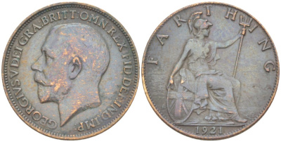 Великобритания 1 фартинг 1921 Георг V (1910-1936) KM 808.2, Spink 4060 бронза 4543-1024