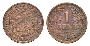 Нидерланды 1 цент 1916 Вильгельмина (1890-1948) KM 152 бронза 75-139