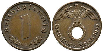 Германия 1 рейхспфенниг 1938 A KM 89, J. 361 бронза    220-262