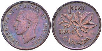 Канада 1 цент 1944 Георг VI (1937-1952), кленовый лист KM 32 бронза 44-945