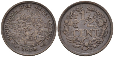 Нидерланды 1/2 цента 1928 Вильгельмина (1890-1948) KM 138 бронза 4588-948
