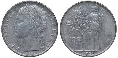 Италия 100 лир 1966 R, Афина в доспехах KM 96.1 нержавеющая сталь 4123-1232