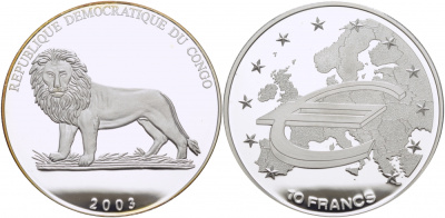 Конго 10 франков 2003 Евросоюз Schoon 177 серебро PROOF 1077-3-23
