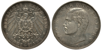 Бавария 3 марки 1910 Отто (1886-1913) Weege 45, J. 47, KM 515 серебро 3711-2013