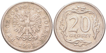 Польша 20 грошей 1991 Y 280 медно-никель UNC 4614-643