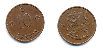 Финляндия 10 пенни 1935 республика (1918-1962) KM 24 медь 51-5452