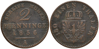 Пруссия 2 пфеннига 1856 A, Фридрих Вильгельм IV (1840-1861) KM 452, Jaeger 51, Olding 336, AKS 91 медь 4544-944