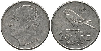 Норвегия 25 эре 1972 Улаф V (1958-1991), синица KM 407 медно-никель 3309-652