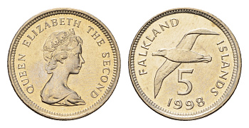 Фолклендские острова (Фолкленды) 5 пенсов 1998 Елизавета II (1952-2022), чернобровый альбатрос KM 4.2 медно-никель  UNC  3458-1212