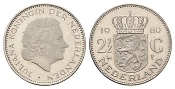 Нидерланды 2 1/2 гульдена 1980 Юлиана (1948-1980) KM 191 никель UNC 4683-924