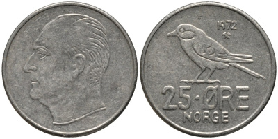 Норвегия 25 эре 1972 Улаф V (1958-1991), синица KM 407 медно-никель 3309-652