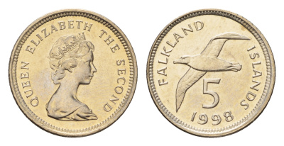 Фолклендские острова (Фолкленды) 5 пенсов 1998 Елизавета II (1952-2022), чернобровый альбатрос KM 4.2 медно-никель  UNC  3458-1212