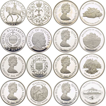 Страны Британского содружества набор из 8 монет 1977 25 лет правления Елизаветы, Сейшельские острова, Маврикий 25 рупий, Гернси, Гибралтар, Джерси, Остров Святой Елены, Тристан-да-Кунья 25 пенсов, Великобритания 1 крона серебро PROOF 00-00