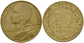 Франция 20 сантимов 1977 тип Marianne KM 930 алюминиевая бронза 4393-316