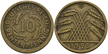 Германия 10 рентенпфеннигов 1923 G KM 33, J. 309 алюминиевая бронза 3336-234