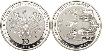 ФРГ 10 евро 2003 G, 200 лет Готфриду Земперу KM 227, DE.S. 10.11 серебро PROOF 02-070-54