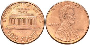 США 1 ЦЕНТ 2002 ЛИНКОЛЬН KM 201b цинк плакированный медью 188-348