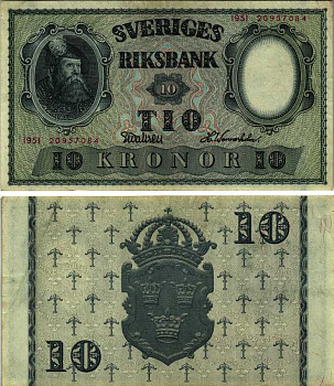 ШВЕЦИЯ 10 КРОН 1951 ГУСТАВ ВАЗА Pick 40l бумага аUNC 7183-29-4-2