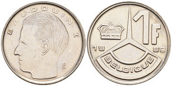 БЕЛЬГИЯ 1 ФРАНК 1989 BELGIQUE KM 170 железо плакированное никелем 187-933