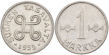 Финляндия 1 марка 1955 KM 36а железо плакированное никелем 4588-743