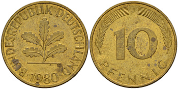 ФРГ 10 пфеннигов 1980 J J. 383, KM 108 сталь плакированная латунью    4603-454