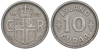 Исландия 10 эйре 1923 HCN GJ, Кристиан X (1912-1944) KM 1.1 медно-никель 4596-412