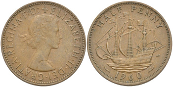 Великобритания 1/2 пенни 1960 Елизавета II (1952-2022) KM 896, Spink 4158 бронза 4544-125