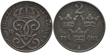 Швеция 2 эре 1943 Густав V (1907-1950) KM 811 железо 63-754