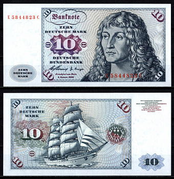 ФРГ 10 марок 1960 Альбрехт Дюрер. Kорабль "Горх Фок" Pick 19 бумага UNC (пресс) 451-1107-3