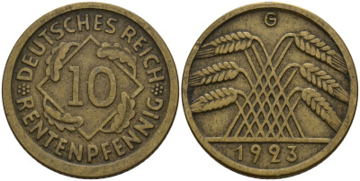 Германия 10 рентенпфеннигов 1923 G KM 33, J. 309 алюминиевая бронза 3336-234