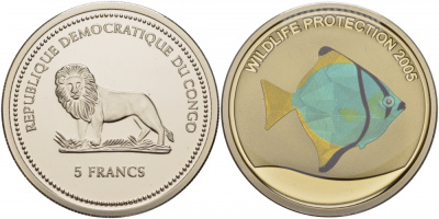 Конго 5 франков 2005 защита дикой природы, африканская рыба луна, галограмма KM 180 медно-никель BUNC 04-136-35