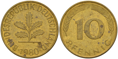 ФРГ 10 пфеннигов 1980 J J. 383, KM 108 сталь плакированная латунью    4603-454