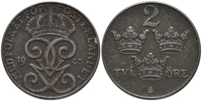 Швеция 2 эре 1943 Густав V (1907-1950) KM 811 железо 63-754