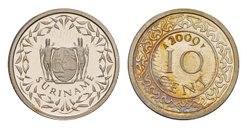 Суринам 10 центов 2009 тираж 1000 экземпляров KM 13a медно-никель BU 4649-1019
