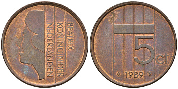 Нидерланды 5 центов 1989 Беатрикс (1980-2013) КМ 202 бронза  UNC  4602-522