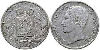 Бельгия 5 франков 1865 Леопольд I (1831-1865) KM 17 серебро 00-1067-5-63