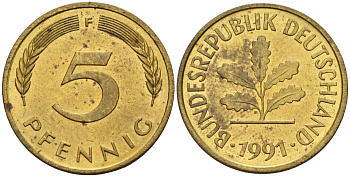 ФРГ 5 пфеннигов 1991 F KM 107, J.382 сталь плакированная латунью 4174-1114