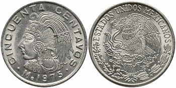МЕКСИКА 50 СЕНТАВО 1975 DOTS KM 452 медно-никель 87-315