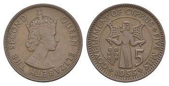 Кипр 5 милей 1955 Елизавета II (1952-2022) KM 34 бронза 4652-332