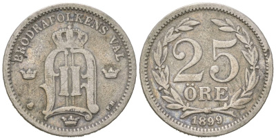 Швеция 25 эре 1899 EB, Оскар II (1872-1907) KM 739 серебро 44-233