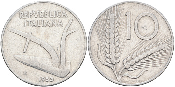 Италия 10 лир 1953 R, плуг, колосья KM 93 алюминий  4595-145