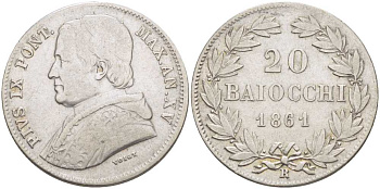 Ватикан 20 байоччи 1861 R, год XV, папа Пий IX (1846-1878) KM 1360 (С173а) серебро    1521-1642
