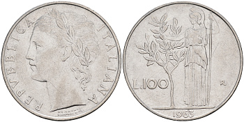 Италия 100 лир 1963 R, Афина KM 96.1 нержавеющая сталь 4117-324