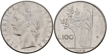 Италия 100 лир 1978 R, Афина у оливкого дерева KM 96.1 нержавеющая сталь 4149-1223