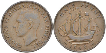 Великобритания 1/2 пенни 1949 Георг VI (1936-1952) KM 868, Spink 4118 бронза 83-1717