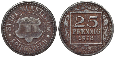 Германия, Мюнстер 25 пфеннигов 1918 Северный Рейн-Вестфалия, нотгельд Funck 350.4 железо 4121-331